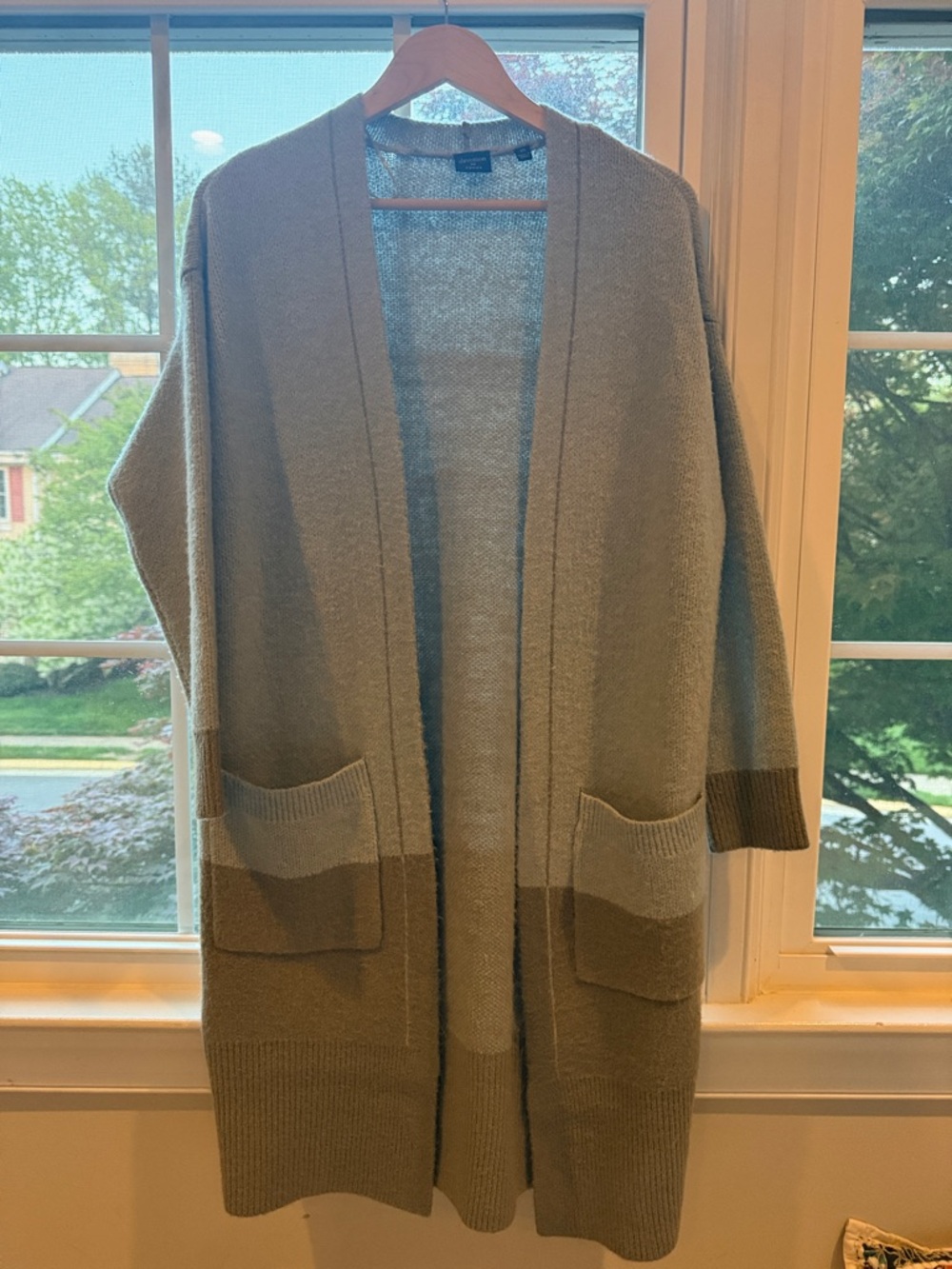 Devotion by Cyrus Open Knit Cardigan in Light Blue Sage and Gray